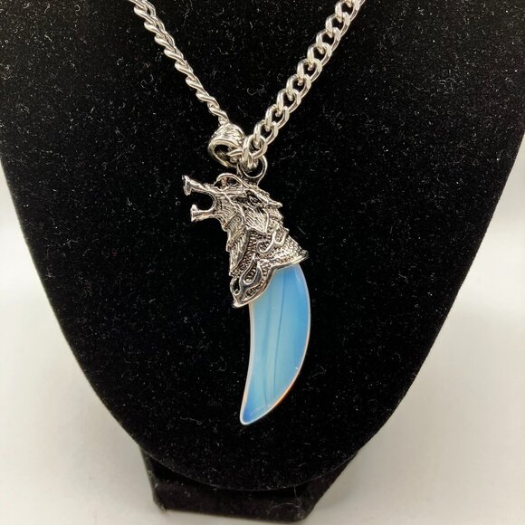 Opalite Gemstone Tusk with Men's Manly Chunky 20 inch Stainless Steel Chain NEW - Picture 8 of 12